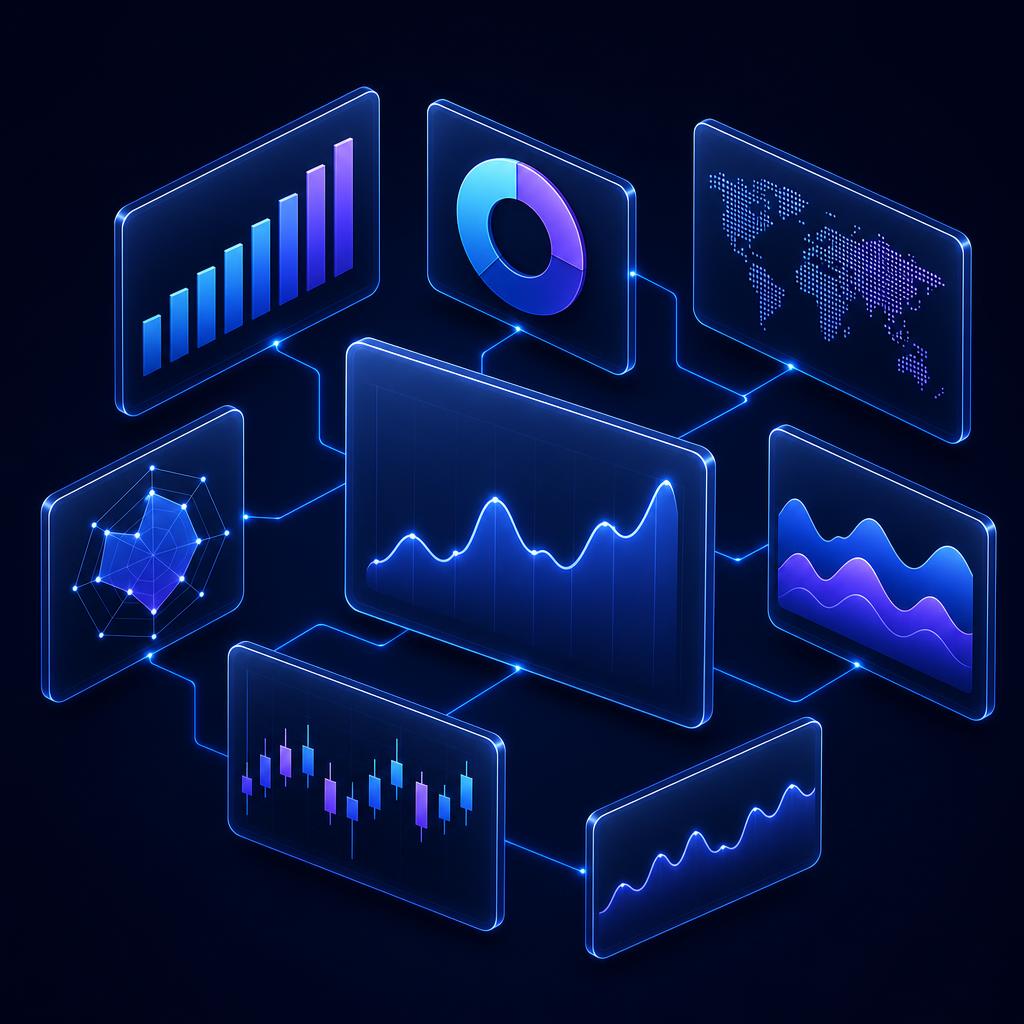 Holographic dashboards visualizing fund analytics, charts, and global data